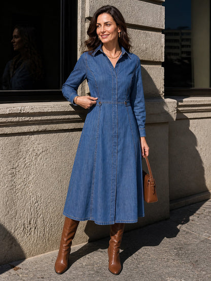 Split-Joint Solid Color Pockets Buttoned Long Sleeves High Waisted Lapel Midi Dresses