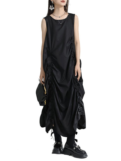 Robe mi-longue ample sans manches, asymétrique, élastique, plissée, couleur unie, col rond 