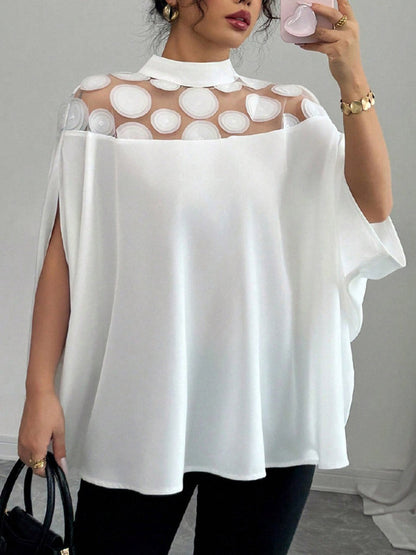 Cape Loose Geometric Pleated See-Through Solid Color Split-Joint Half Turtleneck Blouses&Shirts Tops