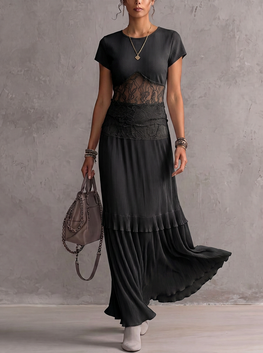 Solid Round-Neck Short Sleeves T-Shirts Tops + Pleated See-Through Split-Joint High Waisted Skirts Bottoms Two Pieces Set