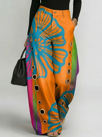 Loose Wide Leg Buttoned Contrast Color Hollow Printed Pants Trousers