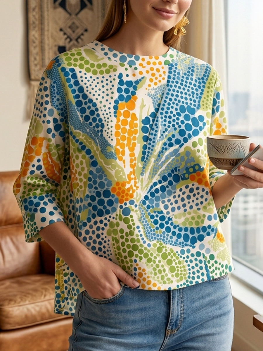 High-Low Loose Contrast Color Printed Round-Neck T-Shirts Tops