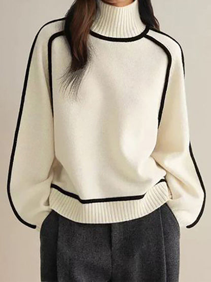 Long Sleeves Loose Contrast Color Split-Joint High Neck Pullovers Sweater Tops WHITE