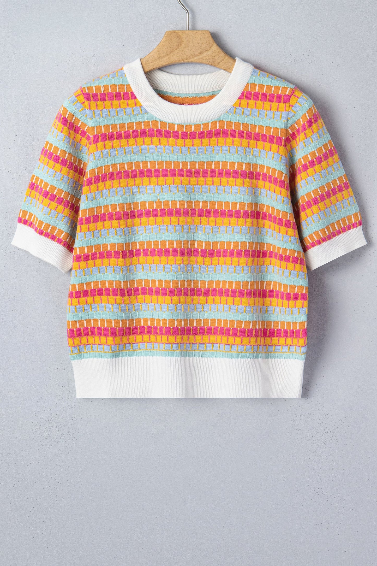 Rose Red Abstract Striped Knit Short Sleeve Sweater