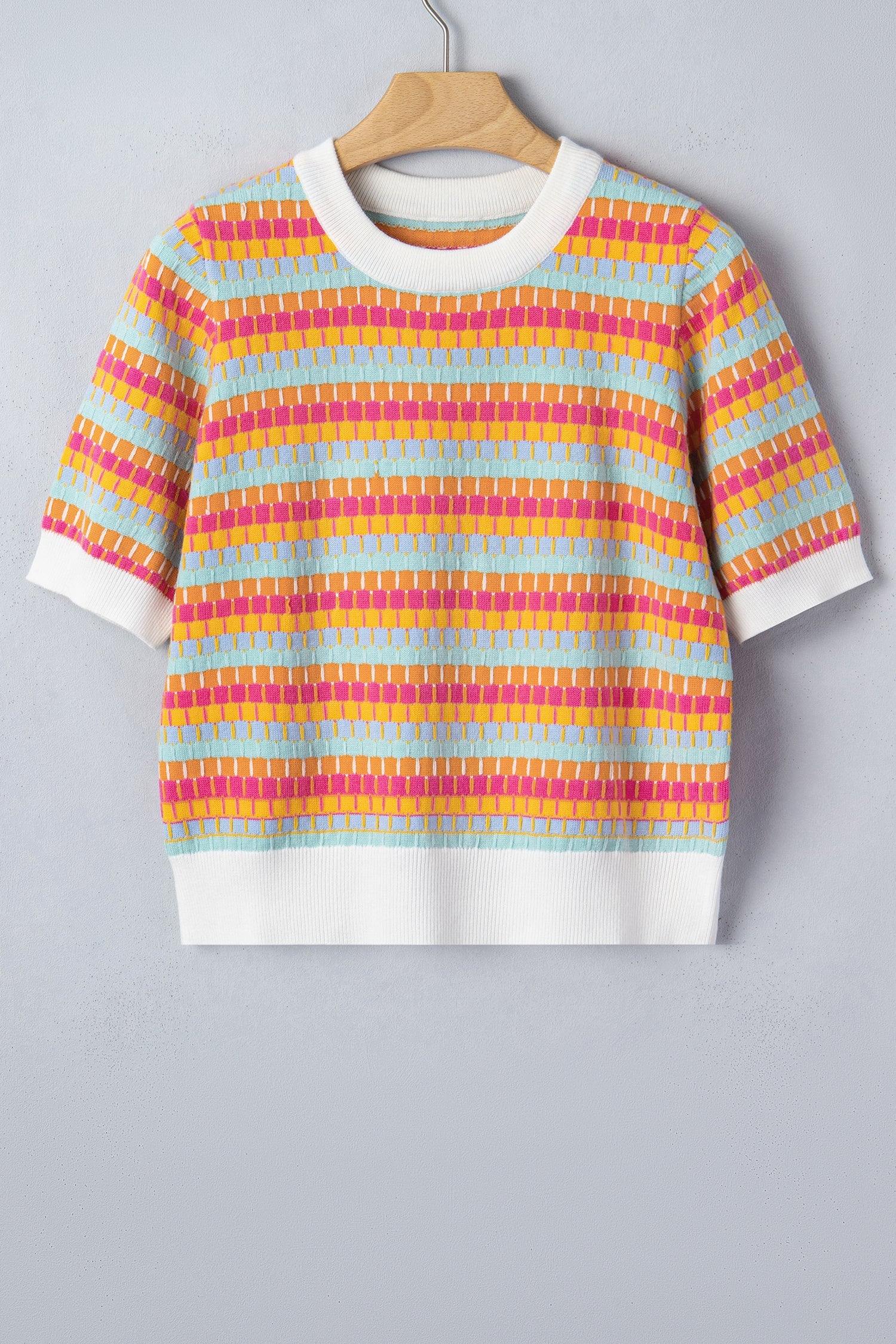 Rose Red Abstract Striped Knit Short Sleeve Sweater