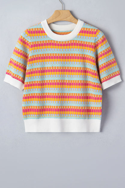 Rose Red Abstract Striped Knit Short Sleeve Sweater
