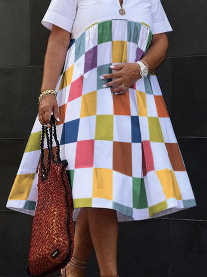 Loose Short Sleeves Printed Rainbow Plaid V-Neck Midi Dresses