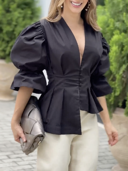 High-Low Puff Sleeves Asymmetric Buttoned Solid Color Deep V-Neck Blouses&Shirts Tops