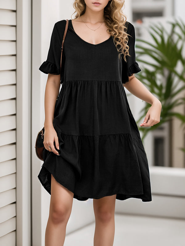A-Line Flared Sleeves Pleated Pockets Ruffled Solid Color Split-Joint Round-Neck Mini Dresses