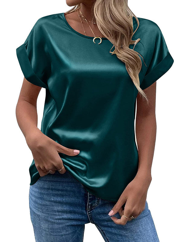 Loose Short Sleeves Solid Color Round-Neck T-Shirts Tops DEEP GREEN