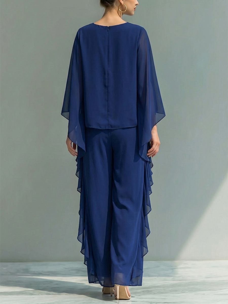Batwing Sleeves Long Sleeves Ruffled Solid Color Round-Neck Blouses Top + Pants Bottom Two Pieces Set