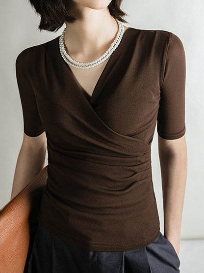 Half Sleeves Skinny Pleated Solid Color V-Neck T-Shirts Tops