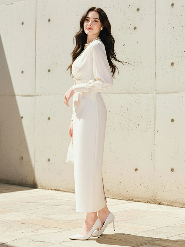 Bodycon Elasticated Waist Solid Color Twist V-Neck Maxi Dresses