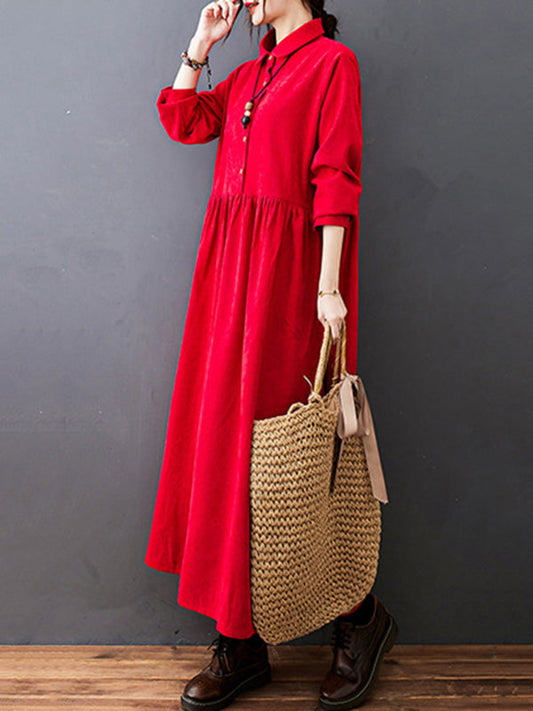 Vintage Split-Joint Solid Color Long Sleeves Lapel A-Line Corduroy Midi Dress