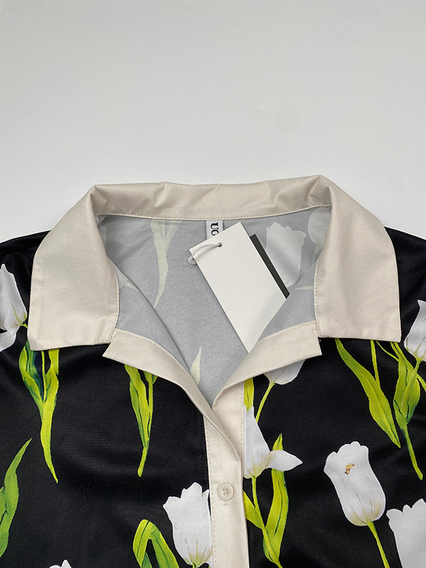 A-Linien-Minikleid mit lockerem Knopf und Blumendruck und Stehkragen 