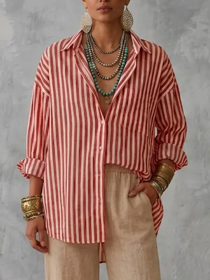 Striped Contrast Color Buttoned Loose Long Sleeves Lapel Blouses&shirts Tops