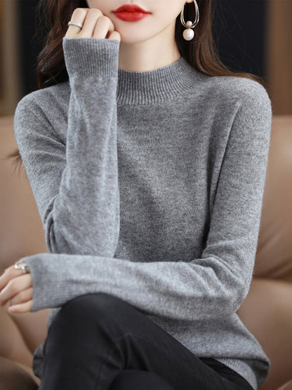 Office Long Sleeves Solid Color High-Neck Sweater Tops Pullovers