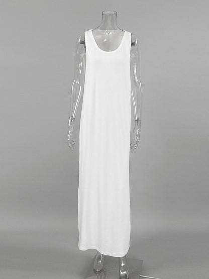 Loose Sleeveless See-Through Solid Color Split-Joint U-Neck Maxi Dresses