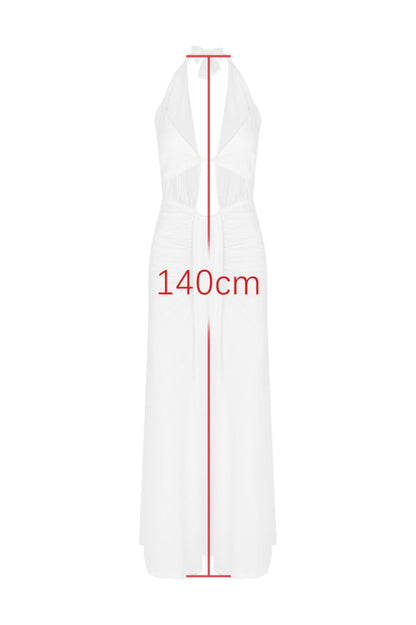 Halter Neck Pleated Hollow White Dress