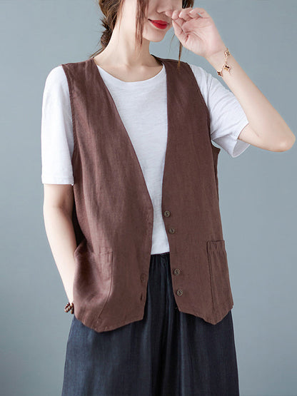 Simple Loose V-Neck Solid Color Vest