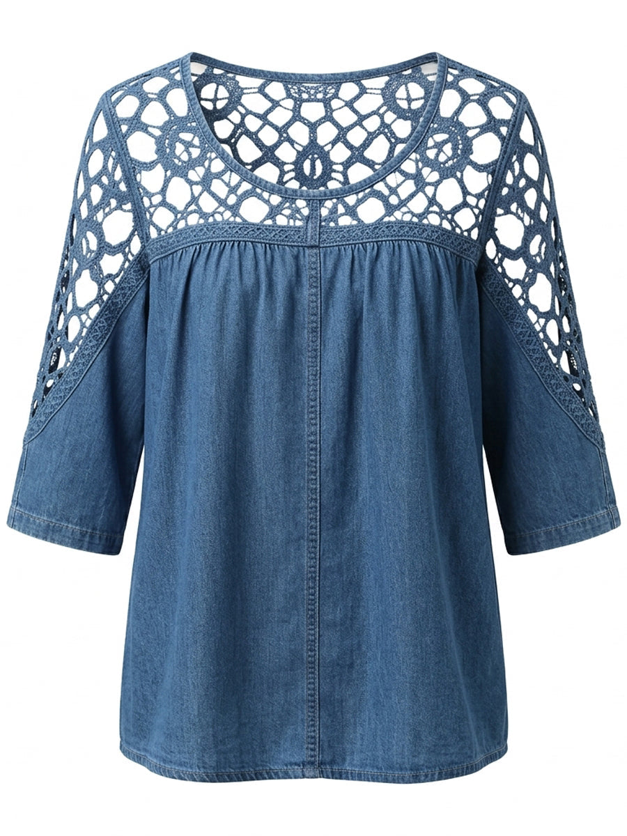Loose Three-Quarter Sleeves Hollow Pleated Solid Color Blouses&Shirts Tops