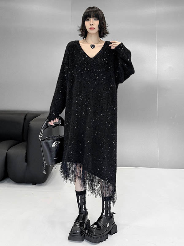 Irregularity Long Sleeves Contrast Color Sequined Shiny Split-Joint Tasseled V-Neck Midi Dresses Sweater Dresses