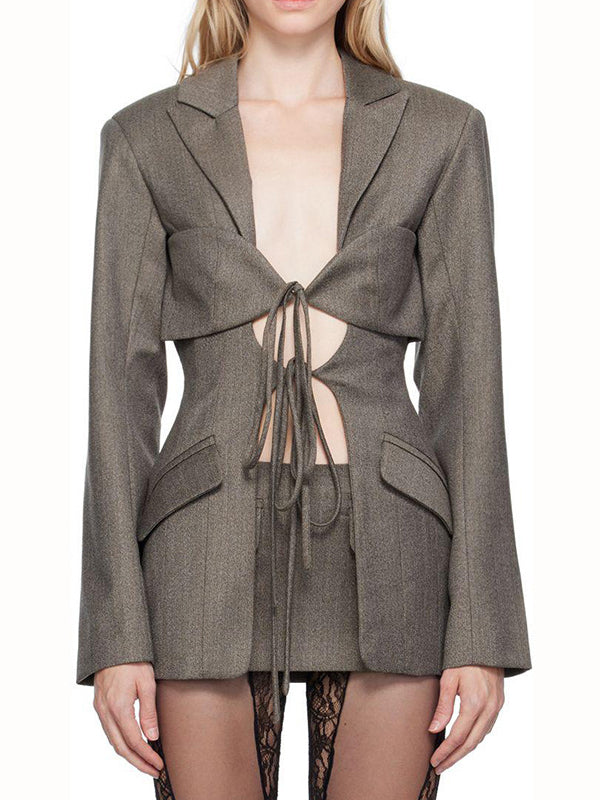 Long Sleeves Loose Pockets Solid Color Tied Notched Collar Blazer Outerwear