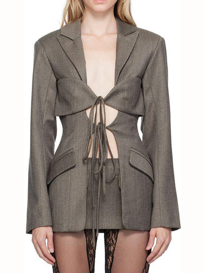 Long Sleeves Loose Pockets Solid Color Tied Notched Collar Blazer Outerwear