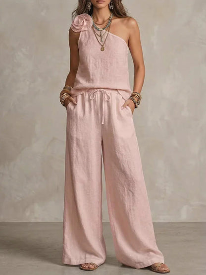 Loose Sleeveless Solid Color Three-Dimensional Flower One-Shoulder Tank Top
