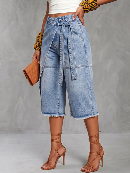 False Two High Waisted Asymmetric Fringed Pockets Tied Waist Denim Shorts