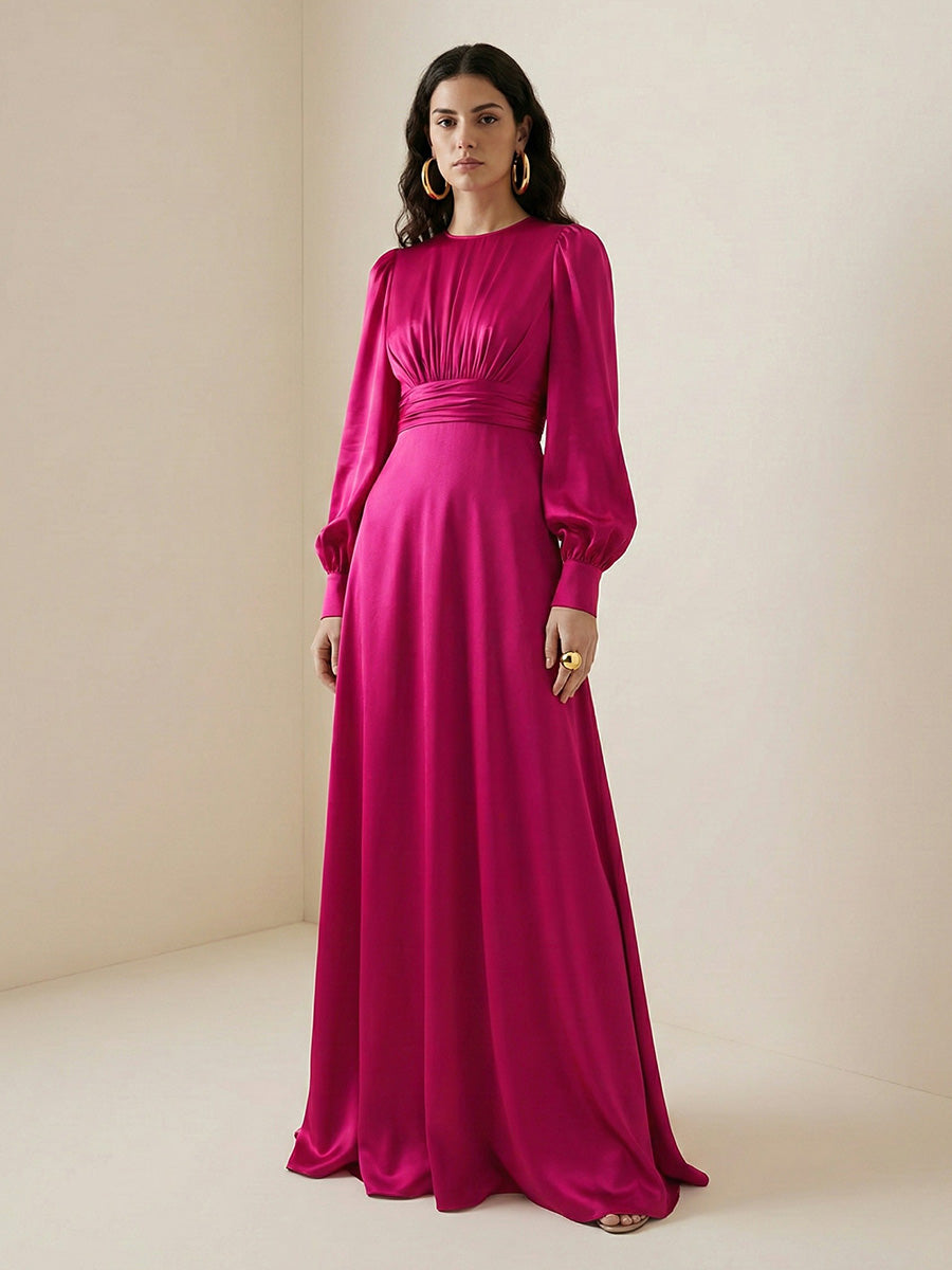 A-Line Elasticated Waist Pleated Solid Color Split-Joint Round-Neck Maxi Dresses