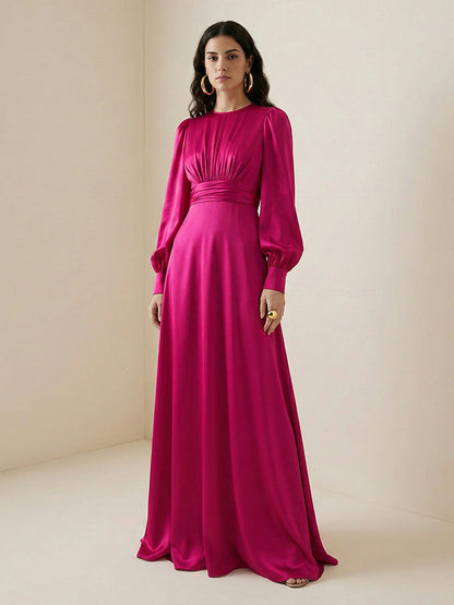 A-Line Elasticated Waist Pleated Solid Color Split-Joint Round-Neck Maxi Dresses