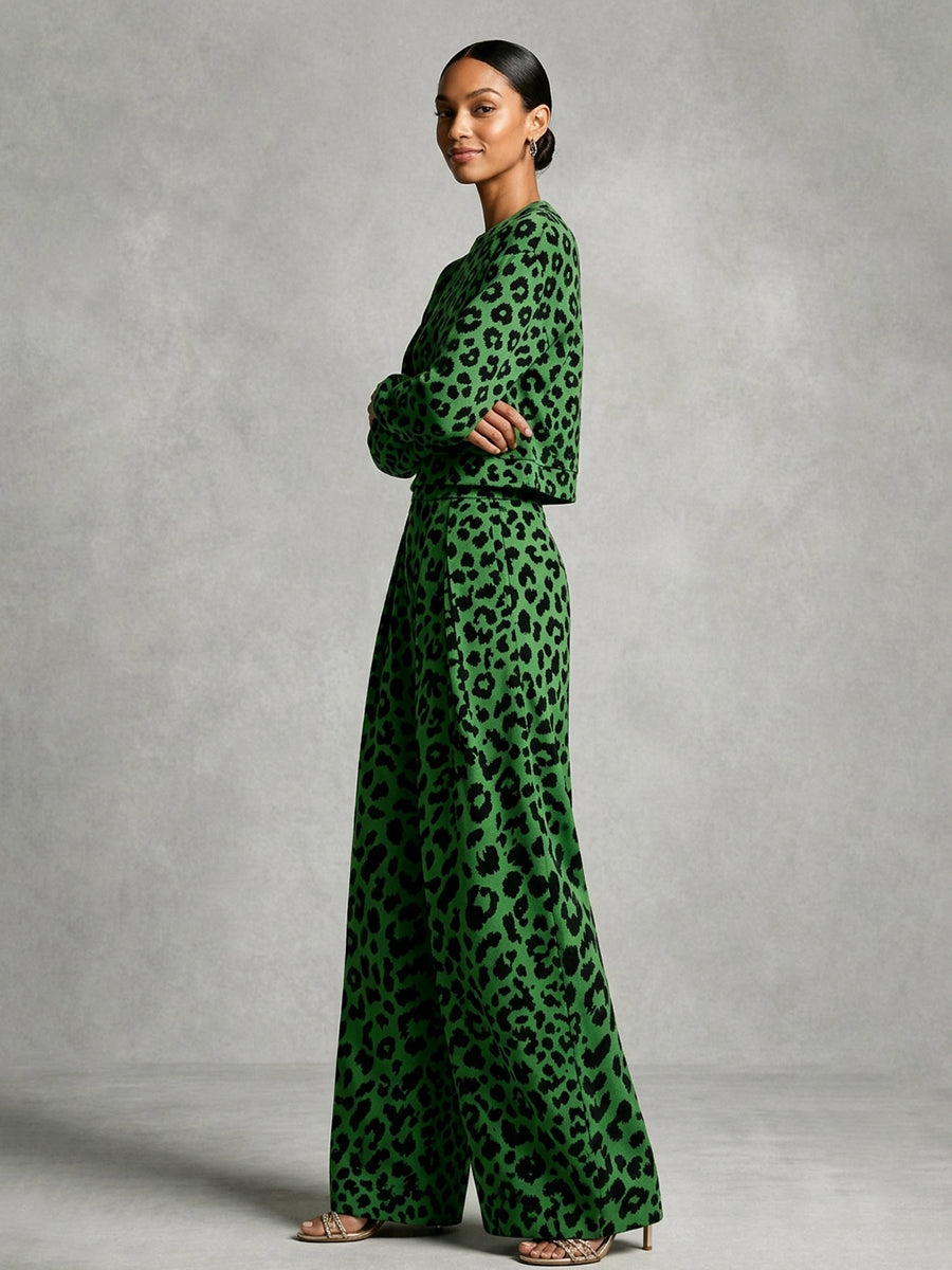 Pockets Pleated Leopard Wide Leg High Waisted Trousers Pants
