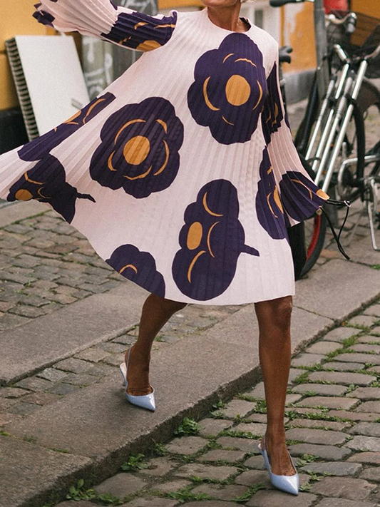 Long Sleeves Loose Flower Print Pleated Round-Neck Mini Dresses