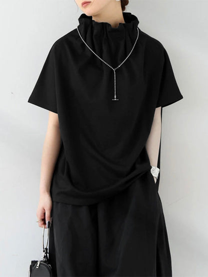 Loose Short Sleeves Solid Color Stand Collar T-Shirts Tops