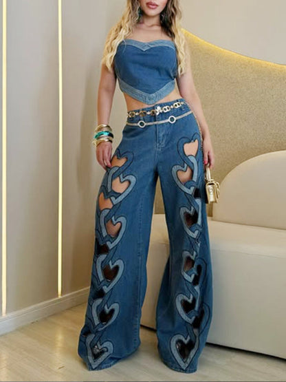 High Waisted Wide Leg Hollow Jean Pants Bottoms