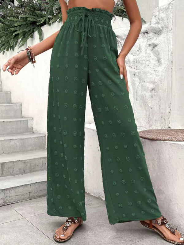 Pantalon taille haute ample avec cordon de serrage élastique en jacquard de couleur unie 