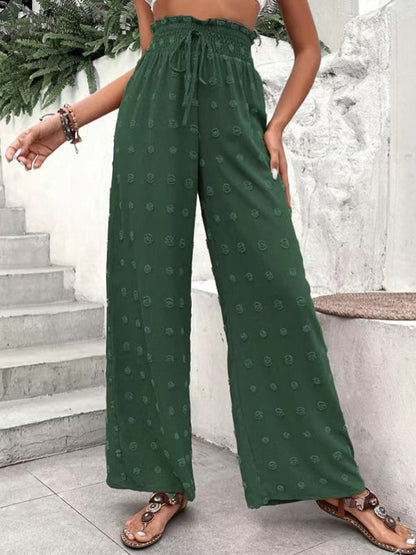 Pantalon taille haute ample avec cordon de serrage élastique en jacquard de couleur unie 
