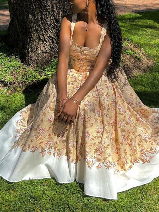 A-Line High Waisted Buttoned Flower Print Pleated Zipper Spaghetti-Neck Maxi Dresses