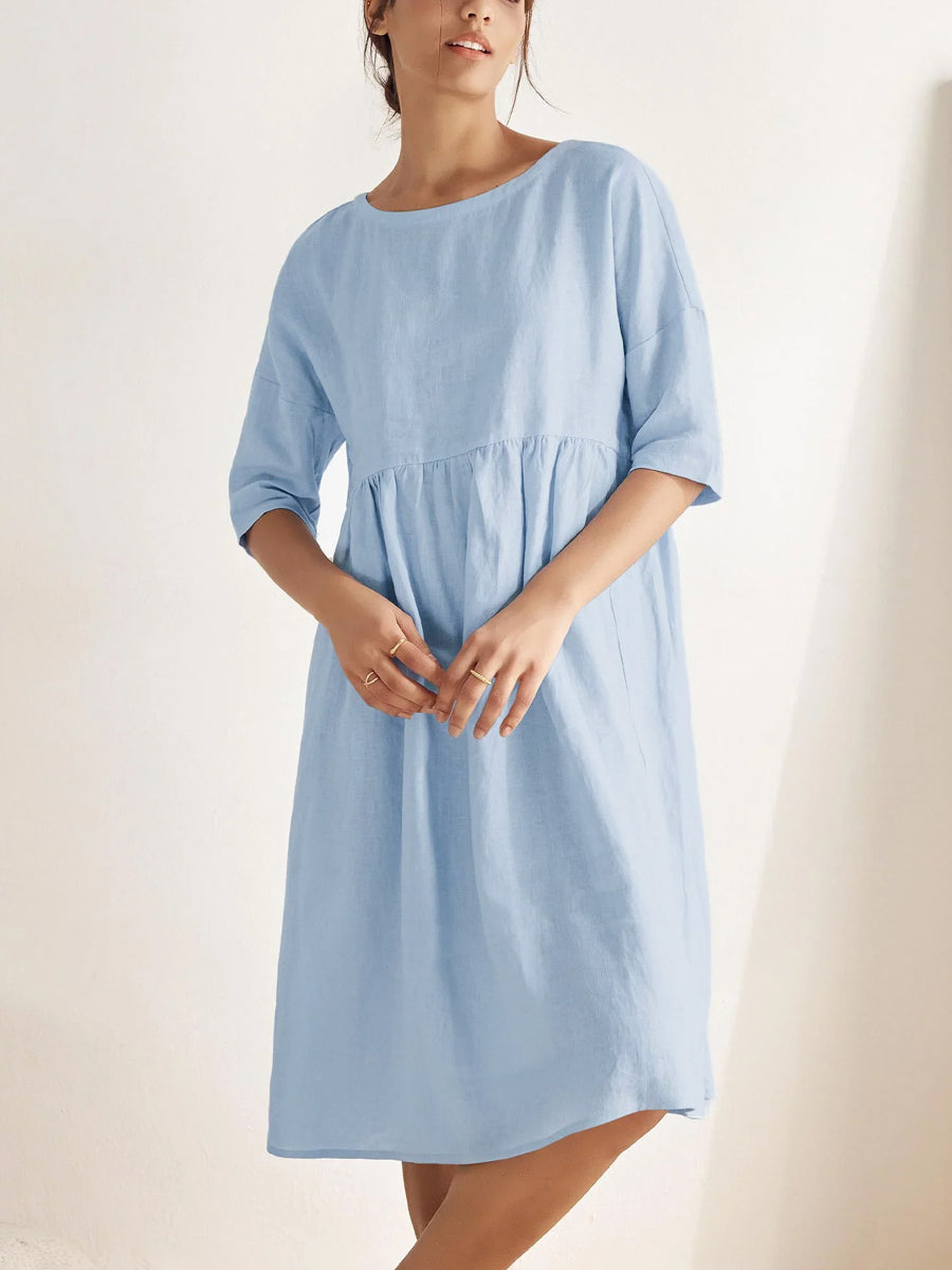Half Sleeves Loose Pleated Pockets Solid Color Round-Neck Midi Dresses