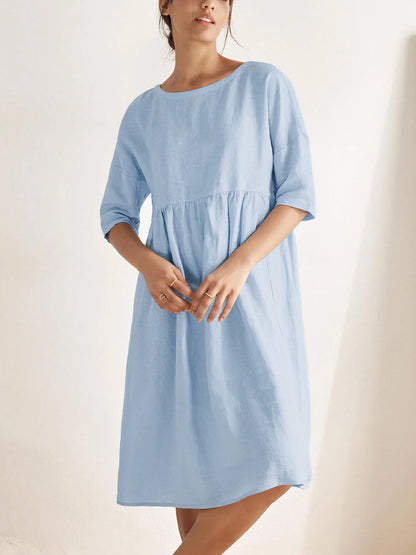 Half Sleeves Loose Pleated Pockets Solid Color Round-Neck Midi Dresses