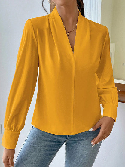 Long Sleeves Loose Pleated Solid Color Split-Joint V-Neck Blouses&Shirts Tops YELLOW