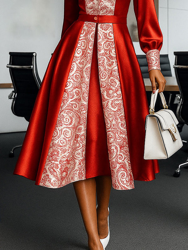A-Line High Waisted Buttoned Flower Print Pleated Lapel Midi Dresses