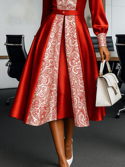 A-Line High Waisted Buttoned Flower Print Pleated Lapel Midi Dresses