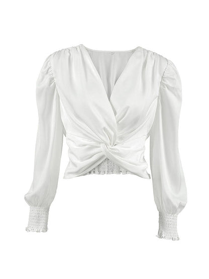 Loose Puff Sleeves Elasticity Pleated Solid Color Split-Joint V-Neck Blouses&Shirts Tops