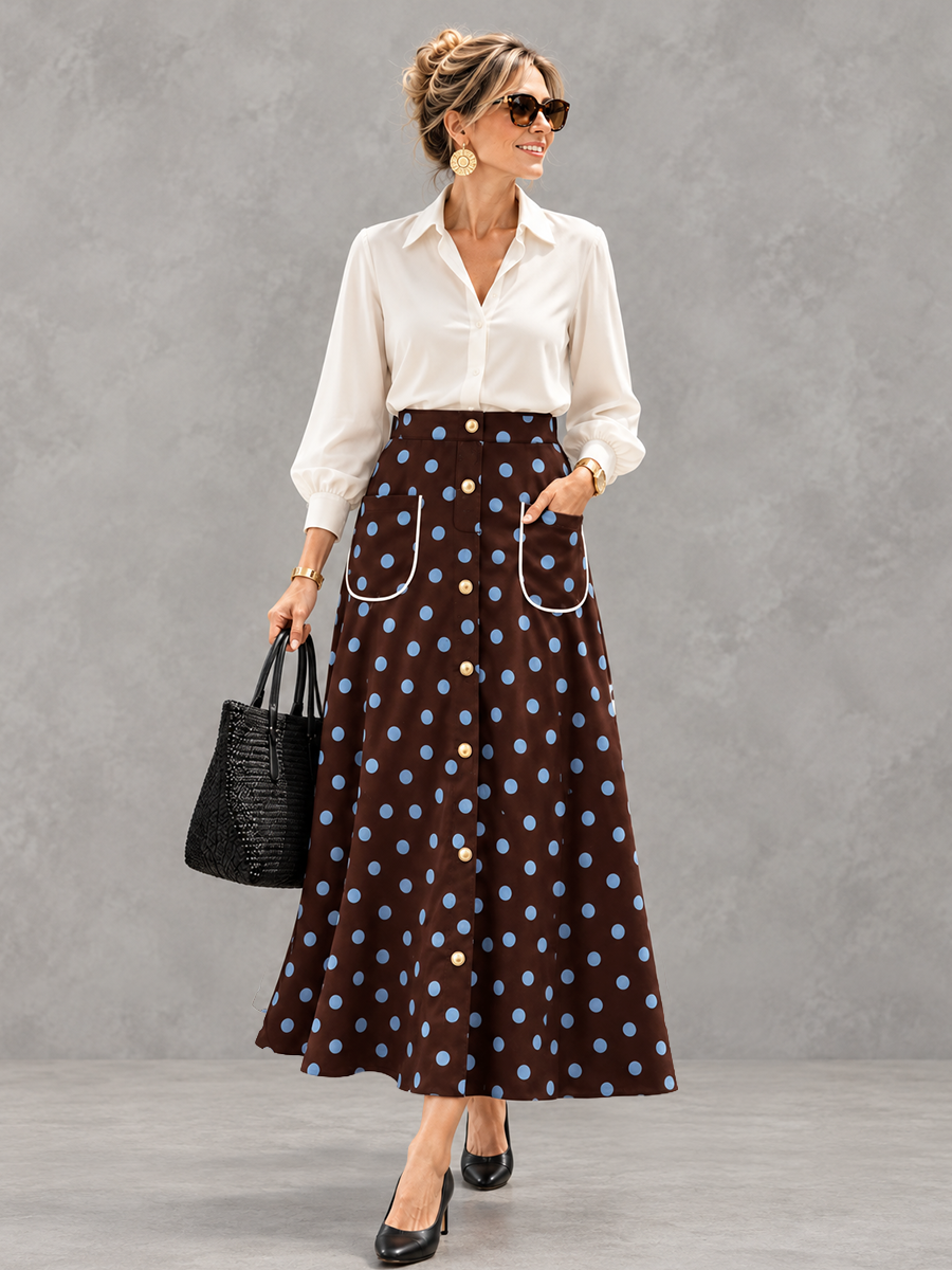 Polka-Dot Pockets Elasticity Contrast Color Buttoned High Waisted A-line Skirts Bottoms