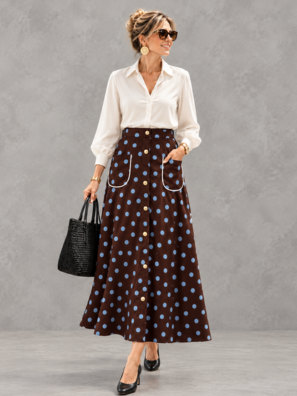 Polka-Dot Pockets Elasticity Contrast Color Buttoned High Waisted A-line Skirts Bottoms
