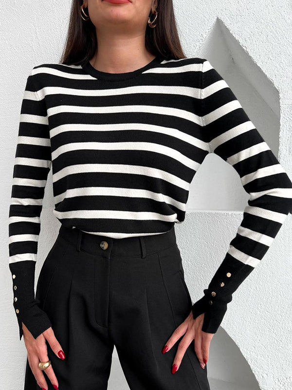 Long Sleeves Buttoned Contrast Color Striped Round-Neck Sweater Tops