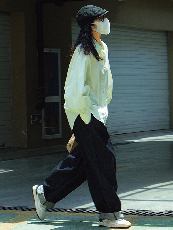 Casual Loose Puff Sleeves Solid Color Lapel Blouses