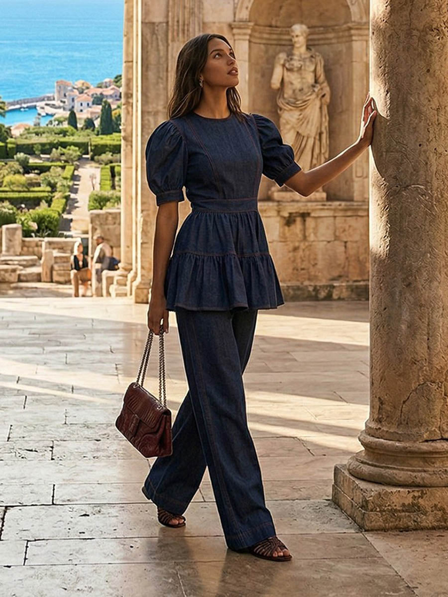 A-Line Loose Pleated Ruffled Solid Color Split-Joint Round-Neck Blouses&Shirts Tops